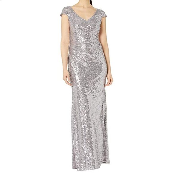 adrianna papell grey sequin dress Adrianna Papell One Shoulder Sequin Dress Sz 4 Silver Grey